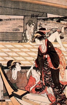  Utamaro Lienzo - Una escena en el puente japonés Kitagawa Utamaro.